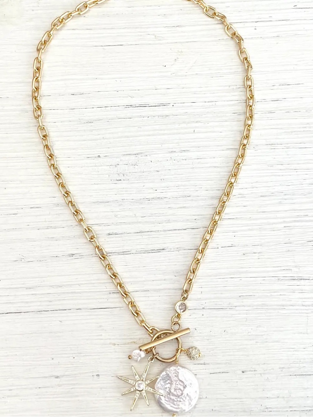 Gold Star and Pearl Charm Necklace - Women Jewelry - Picture 1 of 2